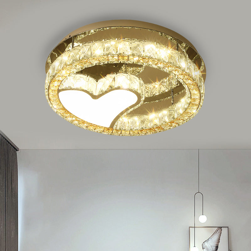 Clear Crystal Blocks Stainless-Steel Ceiling Lamp Round LED Modern Semi Flush Light with Heart Design, 18