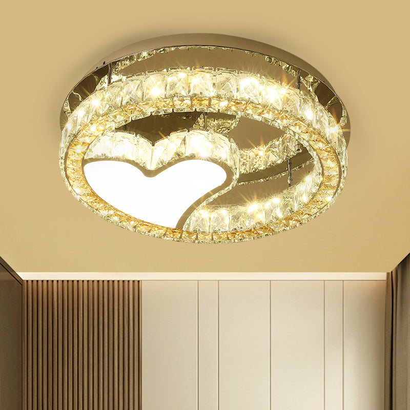 Clear Crystal Blocks Stainless-Steel Ceiling Lamp Round LED Modern Semi Flush Light with Heart Design, 18