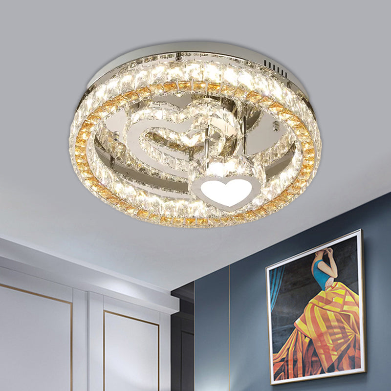 Clear Crystal Blocks Stainless-Steel Ceiling Lamp Round LED Modern Semi Flush Light with Heart Design, 18