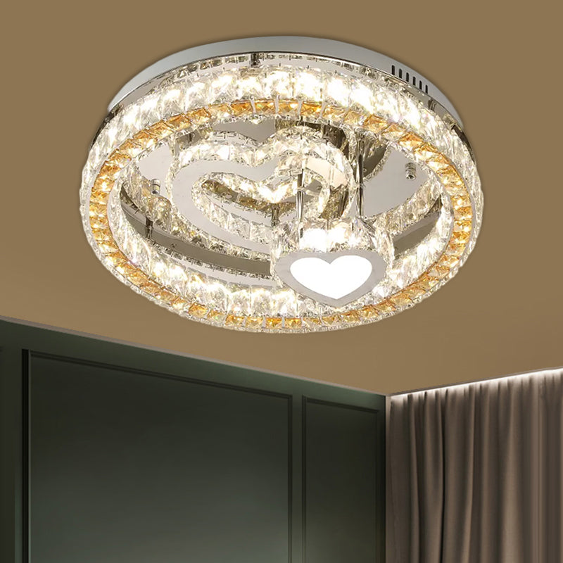 Clear Crystal Blocks Stainless-Steel Ceiling Lamp Round LED Modern Semi Flush Light with Heart Design, 18