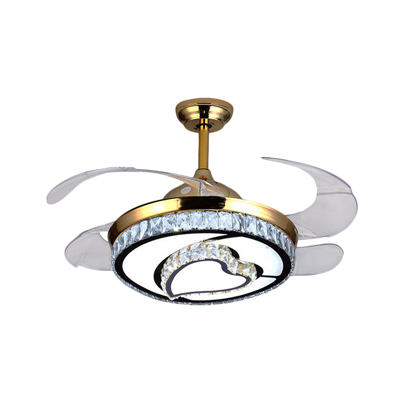 4 Blades LED Round Pendant Fan Lamp Contemporary Gold Finish Clear Crystals Semi Flush Light with Heart Design, 42