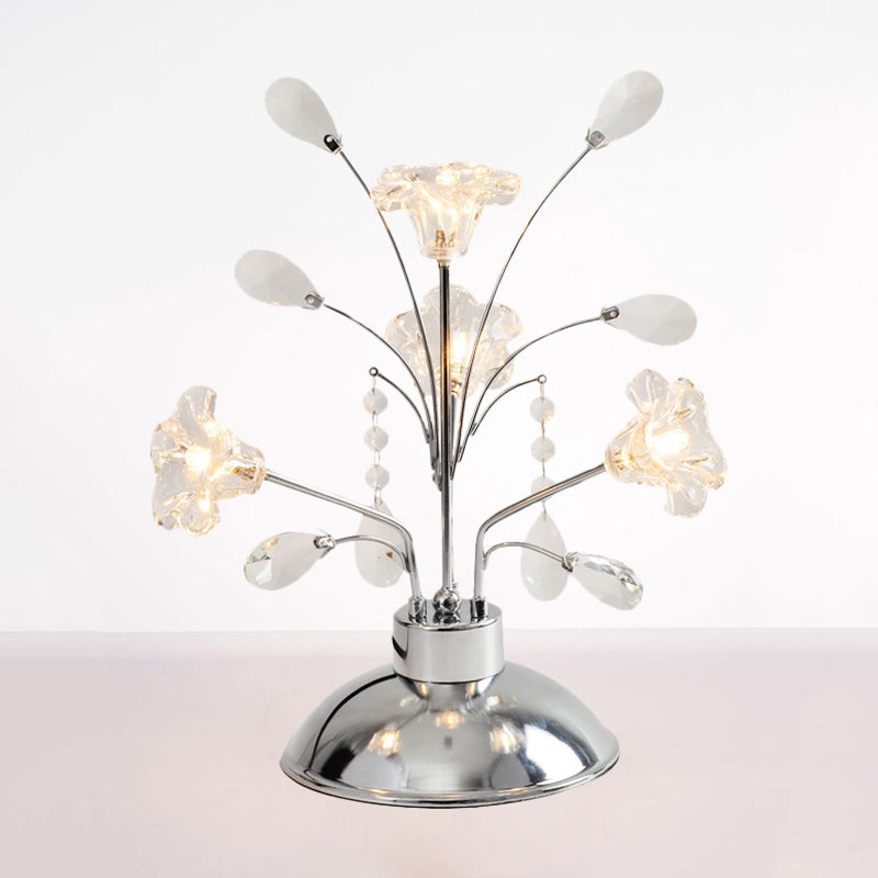 Branching Bedroom Table Light Contemporary Clear Crystal Teardrops 4 Heads Chrome Nightstand Lamp with Lily Shade Clearhalo 'Lamps' 'Table Lamps' Lighting' 1426840