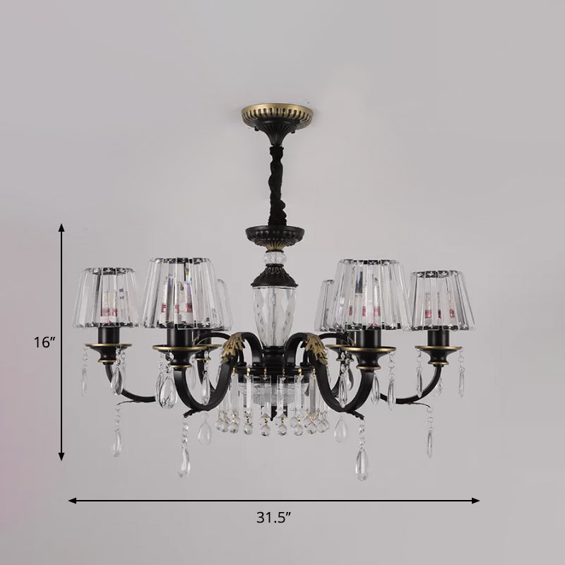 Traditional Cone Down Lighting 6/8 Heads Clear Crystal Glass Chandelier Light Fixture in Black with Droplet Clearhalo 'Ceiling Lights' 'Chandeliers' Lighting' options 1430931