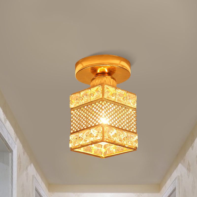 1 Head Balcony Semi Mount Lighting Modern Gold Close to Ceiling Lighting with Globe/Square/Lantern Clear Crystal Shade Clearhalo 'Ceiling Lights' 'Close To Ceiling Lights' 'Close to ceiling' 'Semi-flushmount' Lighting' 1431001