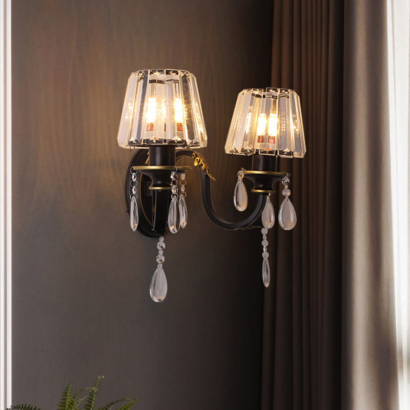 Contemporary 1/2-Head Wall Lamp with Crystal Prisms Shade Black Conical Wall Light Fixture Clearhalo 'Wall Lamps & Sconces' 'Wall Lights' Lighting' 1431104