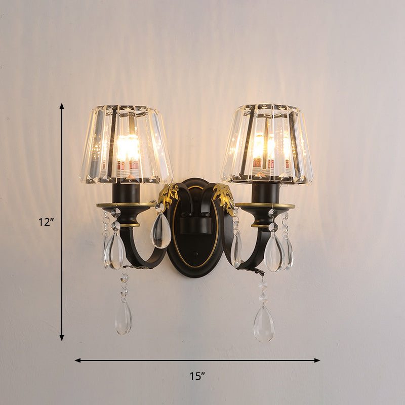 Contemporary 1/2-Head Wall Lamp with Crystal Prisms Shade Black Conical Wall Light Fixture Clearhalo 'Wall Lamps & Sconces' 'Wall Lights' Lighting' 1431107