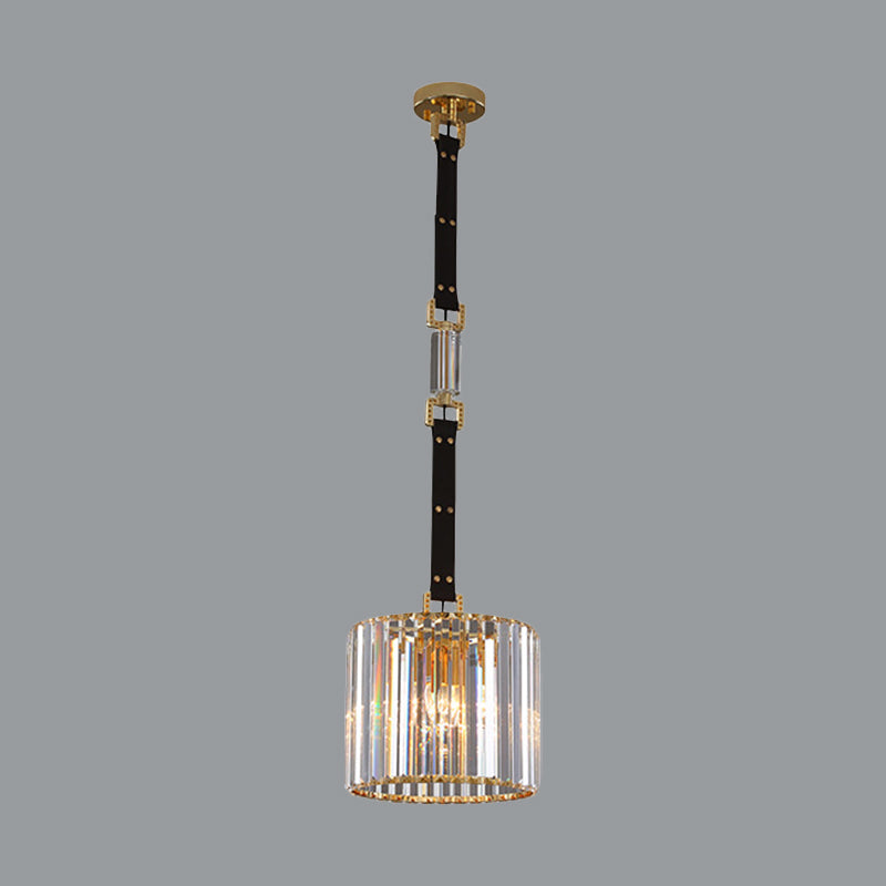 Black Cylinder Shade Hanging Lamp Contemporary Clear Crystal LED Ceiling Pendant Light, 8