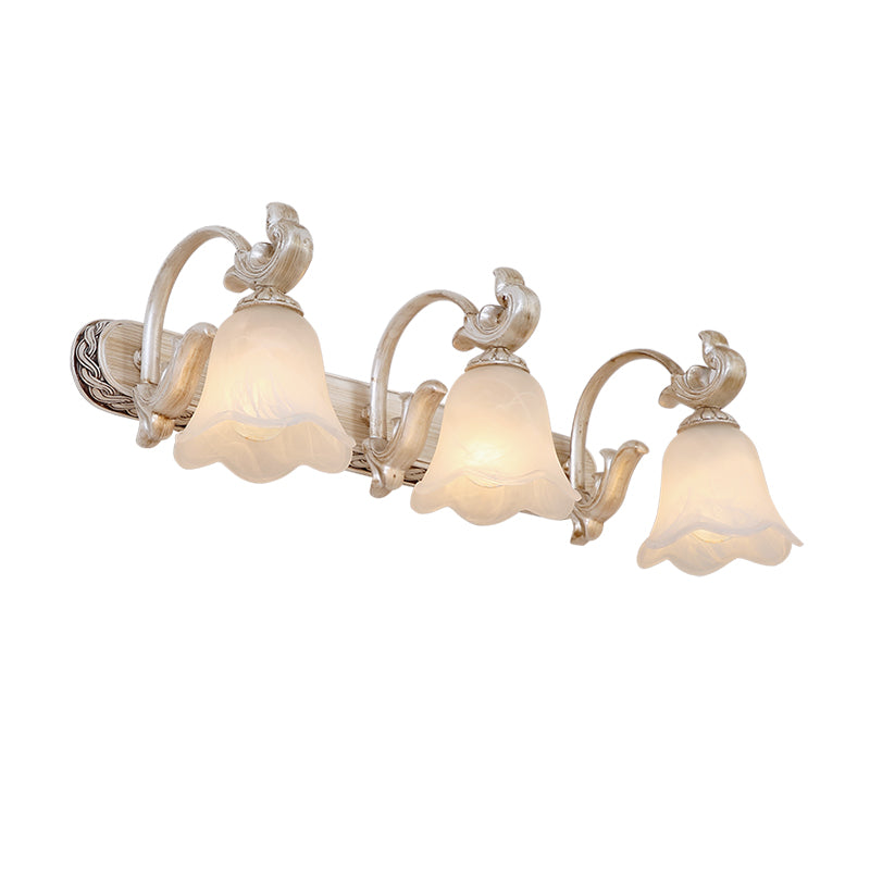 Light Brown 2/3-Head Wall Sconce Traditional Ribbed Opal Glass Blossom Vanity Fixture with Arched Arm Clearhalo 'Vanity Lights' 'Wall Lights' Lighting' 1431148