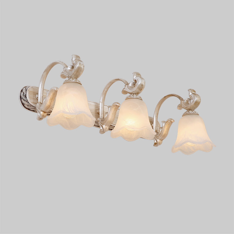 Light Brown 2/3-Head Wall Sconce Traditional Ribbed Opal Glass Blossom Vanity Fixture with Arched Arm Clearhalo 'Vanity Lights' 'Wall Lights' Lighting' 1431149