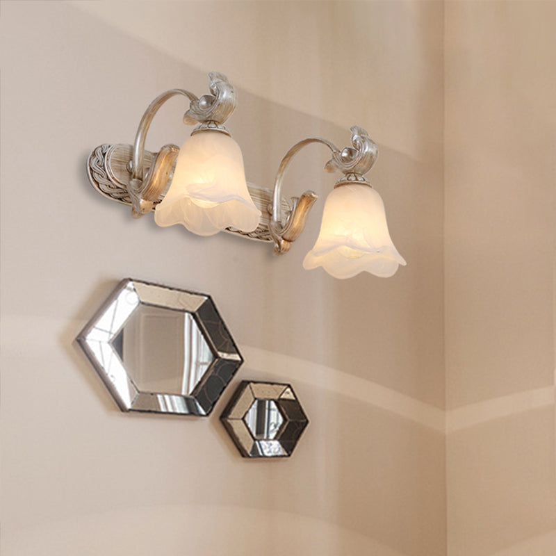 Light Brown 2/3-Head Wall Sconce Traditional Ribbed Opal Glass Blossom Vanity Fixture with Arched Arm Clearhalo 'Vanity Lights' 'Wall Lights' Lighting' 1431152