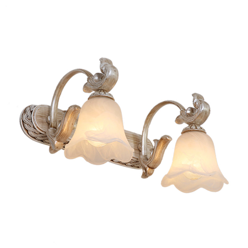 Light Brown 2/3-Head Wall Sconce Traditional Ribbed Opal Glass Blossom Vanity Fixture with Arched Arm Clearhalo 'Vanity Lights' 'Wall Lights' Lighting' 1431153