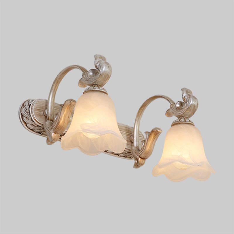 Light Brown 2/3-Head Wall Sconce Traditional Ribbed Opal Glass Blossom Vanity Fixture with Arched Arm Clearhalo 'Vanity Lights' 'Wall Lights' Lighting' 1431154