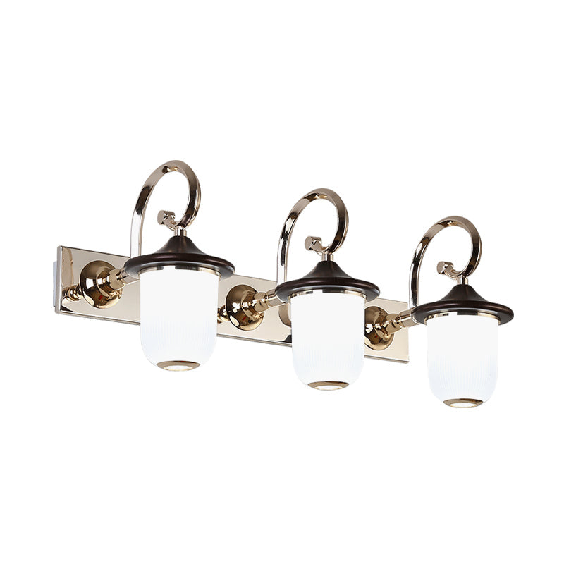 Classic Cylinder Wall Mount Lamp 2/3 Bulbs White Glass Vanity Mirror Light with Scroll Arm in Black Clearhalo 'Vanity Lights' 'Wall Lights' Lighting' 1431166