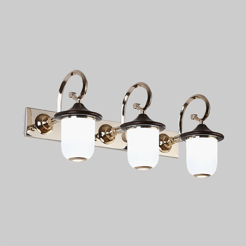 Classic Cylinder Wall Mount Lamp 2/3 Bulbs White Glass Vanity Mirror Light with Scroll Arm in Black Clearhalo 'Vanity Lights' 'Wall Lights' Lighting' 1431167