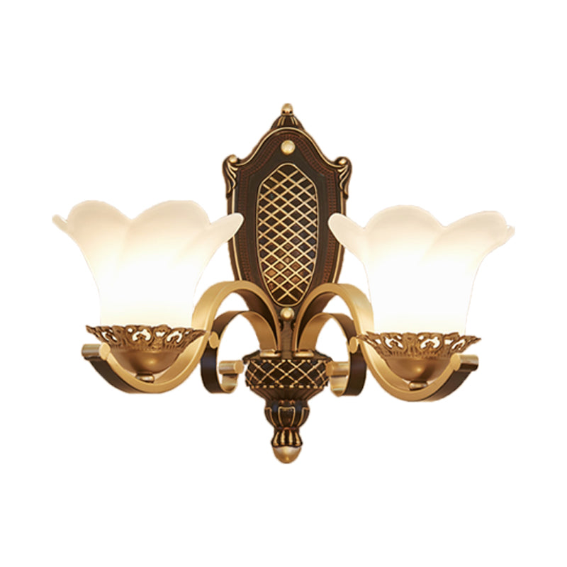 Flower Bedroom Wall Light Traditional Opal Glass 2-Head Brass Wall Mount Lighting with Curved Arm Clearhalo 'Wall Lamps & Sconces' 'Wall Lights' Lighting' 1431176