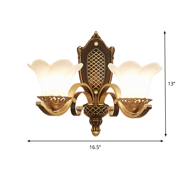 Flower Bedroom Wall Light Traditional Opal Glass 2-Head Brass Wall Mount Lighting with Curved Arm Clearhalo 'Wall Lamps & Sconces' 'Wall Lights' Lighting' 1431177