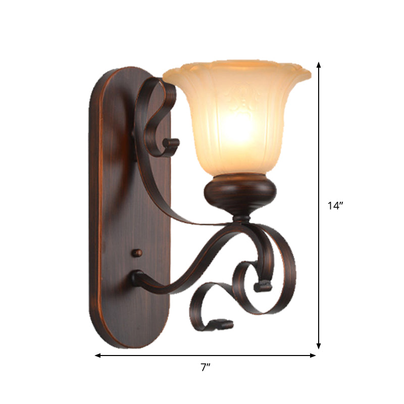 Brown Single Bulb Sconce Light Countryside Frosted Glass Blossom Wall Lighting Fixture with Scroll Arm Clearhalo 'Wall Lamps & Sconces' 'Wall Lights' Lighting' 1431181