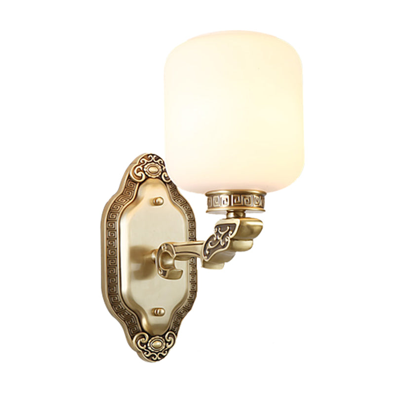 White Glass Brass Wall Sconce Cylinder 1-Light Farmhouse Wall Mounted Lamp for Drawing Room Clearhalo 'Wall Lamps & Sconces' 'Wall Lights' Lighting' 1431184