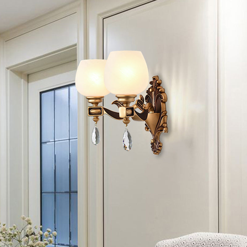 1/2-Bulb Cup-Like Wall Light Vintage Brass Milky Glass Wall Lighting Idea with Clear Crystal Decor Clearhalo 'Wall Lamps & Sconces' 'Wall Lights' Lighting' 1431187