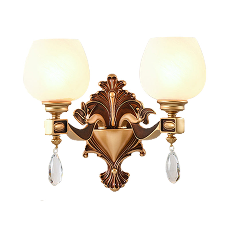 1/2-Bulb Cup-Like Wall Light Vintage Brass Milky Glass Wall Lighting Idea with Clear Crystal Decor Clearhalo 'Wall Lamps & Sconces' 'Wall Lights' Lighting' 1431188