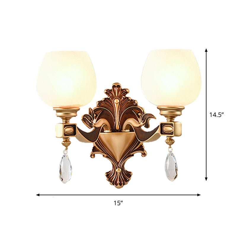 1/2-Bulb Cup-Like Wall Light Vintage Brass Milky Glass Wall Lighting Idea with Clear Crystal Decor Clearhalo 'Wall Lamps & Sconces' 'Wall Lights' Lighting' 1431189