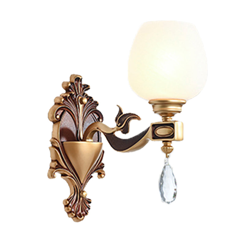 1/2-Bulb Cup-Like Wall Light Vintage Brass Milky Glass Wall Lighting Idea with Clear Crystal Decor Clearhalo 'Wall Lamps & Sconces' 'Wall Lights' Lighting' 1431192