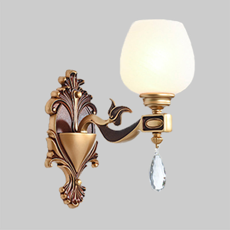 1/2-Bulb Cup-Like Wall Light Vintage Brass Milky Glass Wall Lighting Idea with Clear Crystal Decor Clearhalo 'Wall Lamps & Sconces' 'Wall Lights' Lighting' 1431193