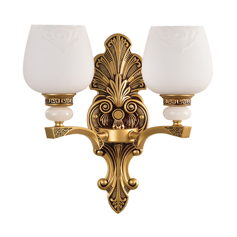 Brass 1/2 Heads Wall Mount Lamp Antiqued White Glass Cup Shape Wall Sconce Lighting for Bedroom Clearhalo 'Wall Lamps & Sconces' 'Wall Lights' Lighting' 1431213