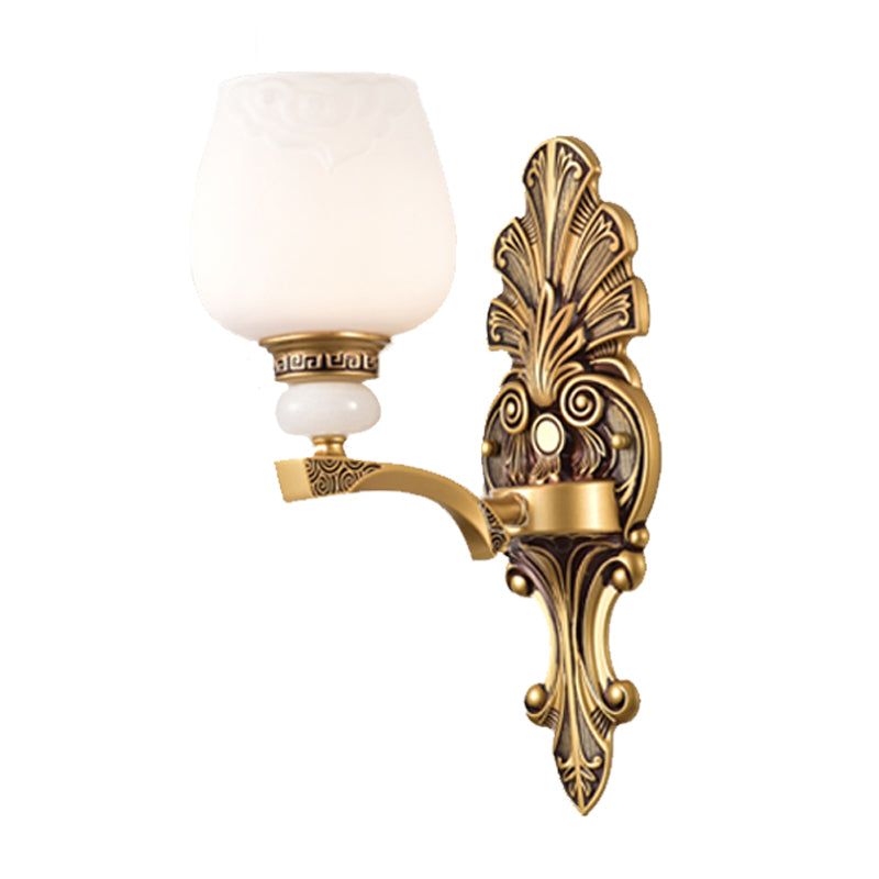 Brass 1/2 Heads Wall Mount Lamp Antiqued White Glass Cup Shape Wall Sconce Lighting for Bedroom Clearhalo 'Wall Lamps & Sconces' 'Wall Lights' Lighting' 1431218