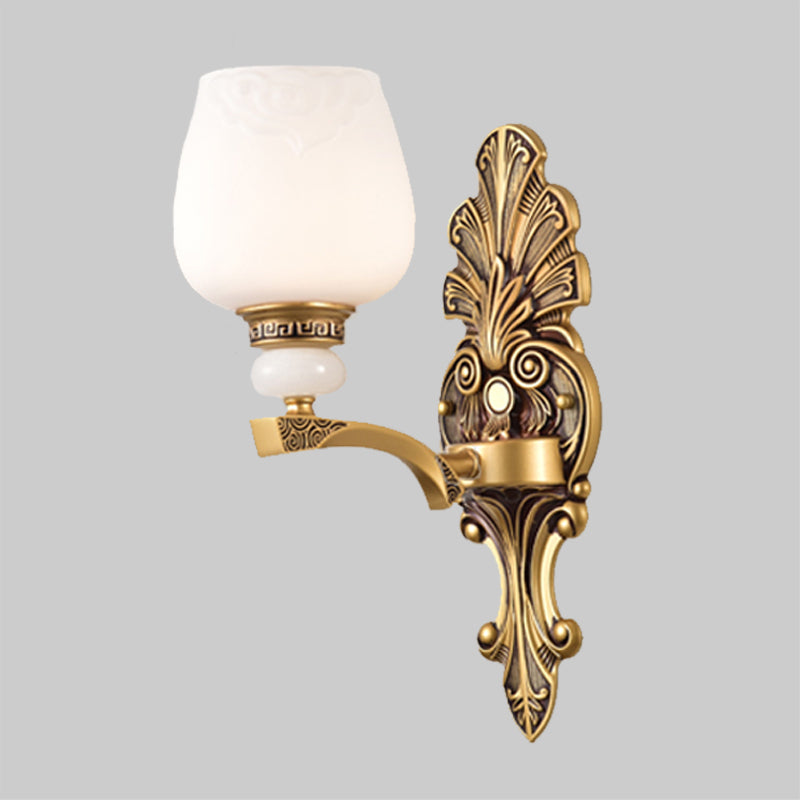 Brass 1/2 Heads Wall Mount Lamp Antiqued White Glass Cup Shape Wall Sconce Lighting for Bedroom Clearhalo 'Wall Lamps & Sconces' 'Wall Lights' Lighting' 1431219