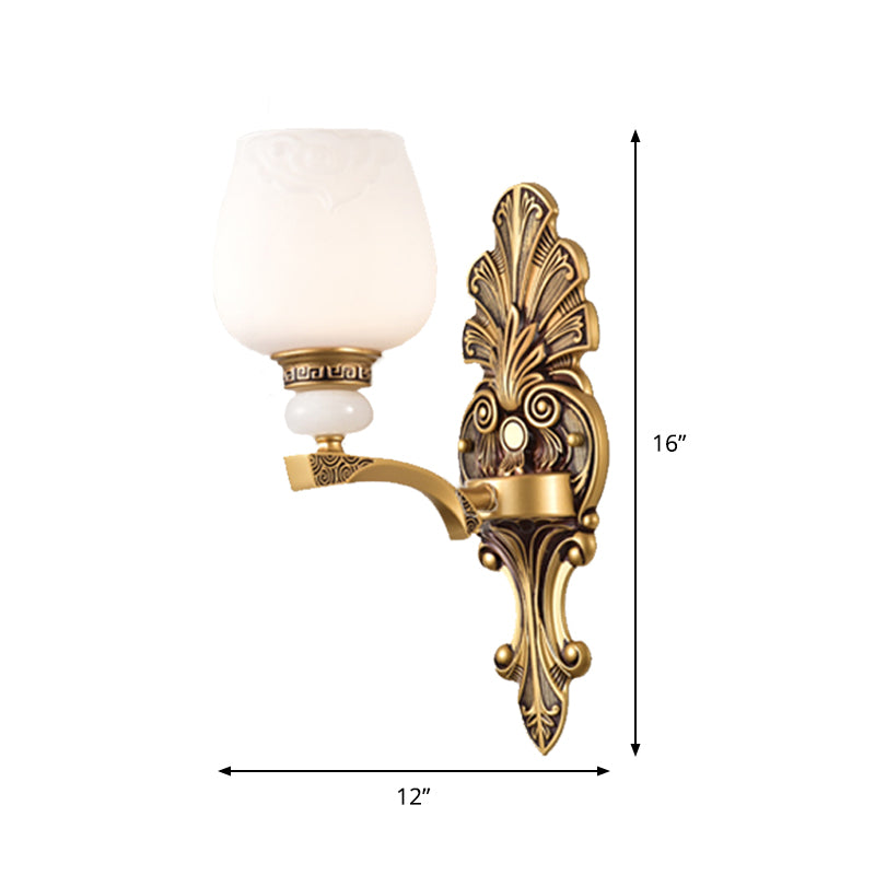 Brass 1/2 Heads Wall Mount Lamp Antiqued White Glass Cup Shape Wall Sconce Lighting for Bedroom Clearhalo 'Wall Lamps & Sconces' 'Wall Lights' Lighting' 1431220