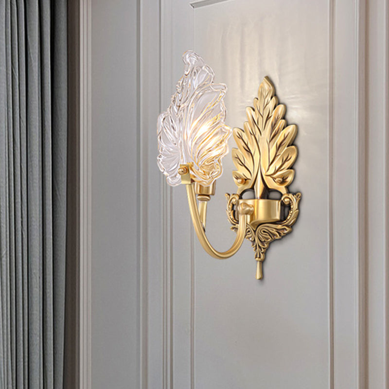 Traditional Palm Leaf Sconce Lamp 1/2 Lights Clear Glass Wall Lighting Idea with Arched Arm in Brass Clearhalo 'Wall Lamps & Sconces' 'Wall Lights' Lighting' 1431239