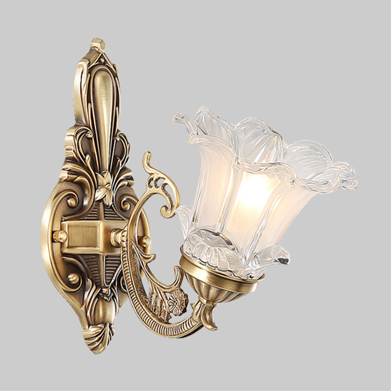 1/2-Head Floral Wall Lamp Vintage Brass Clear Fluted Glass Curved Arm Wall Sconce Lighting for Living Room Clearhalo 'Wall Lamps & Sconces' 'Wall Lights' Lighting' 1431258