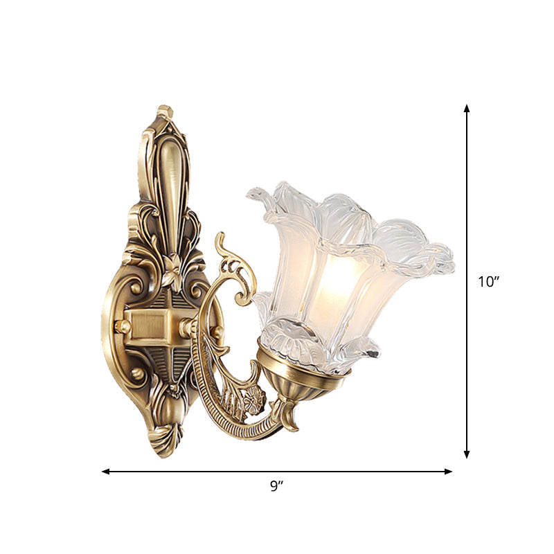 1/2-Head Floral Wall Lamp Vintage Brass Clear Fluted Glass Curved Arm Wall Sconce Lighting for Living Room Clearhalo 'Wall Lamps & Sconces' 'Wall Lights' Lighting' 1431259