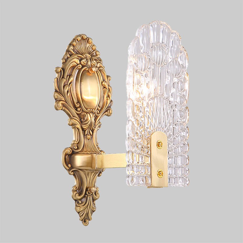 Elongated Bedside Wall Sconce Classic Clear Lattice Glass 1/2-Bulb Brass Wall Lighting Fixture Clearhalo 'Wall Lamps & Sconces' 'Wall Lights' Lighting' 1431263