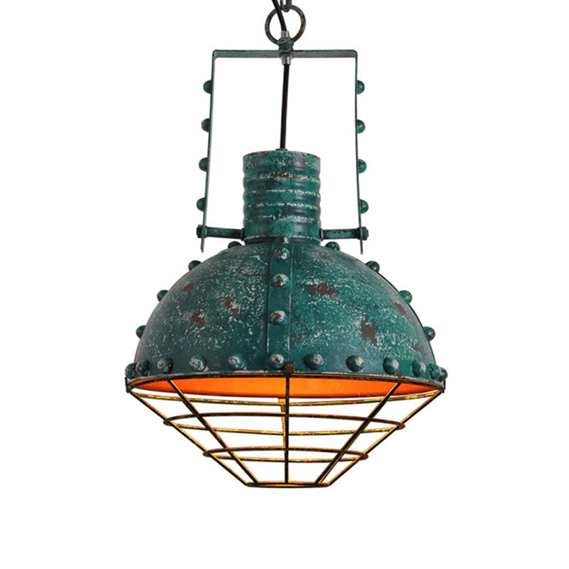 Domed Metal Ceiling Hanging Light Wrought Iron 1 Light Dining Room Pendant Lamp with Wire Guard and Rivets in Black/Green Clearhalo 'Art Deco Pendants' 'Black' 'Cast Iron' 'Ceiling Lights' 'Ceramic' 'Crystal' 'Industrial Pendants' 'Industrial' 'Metal' 'Middle Century Pendants' 'Pendant Lights' 'Pendants' 'Rustic Pendants' 'Tiffany' Lighting' 143164