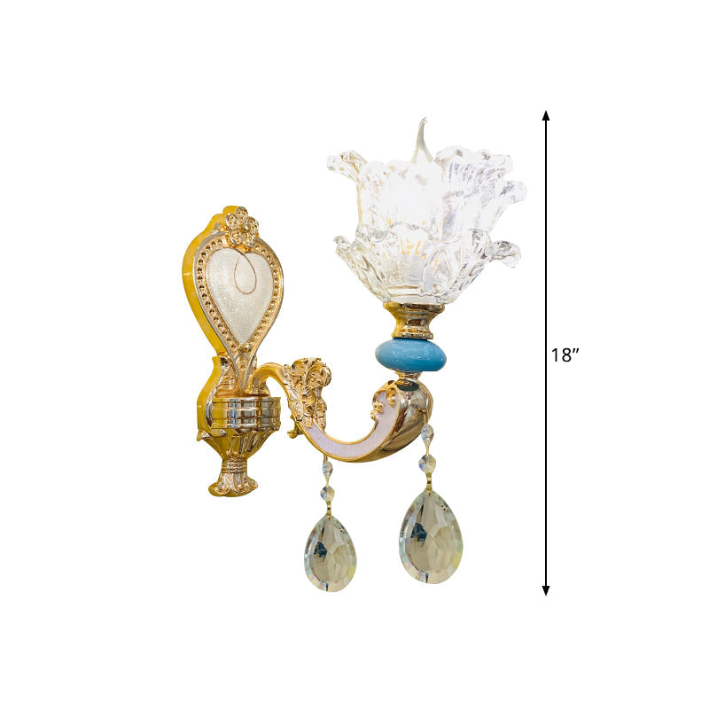 Traditional Layered Flower Wall Light Kit 1/2-Head Clear Crystal Wall Lighting in Gold-Blue Clearhalo 'Wall Lamps & Sconces' 'Wall Lights' Lighting' 1432514