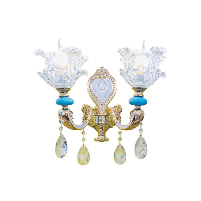 Traditional Layered Flower Wall Light Kit 1/2-Head Clear Crystal Wall Lighting in Gold-Blue Clearhalo 'Wall Lamps & Sconces' 'Wall Lights' Lighting' 1432517