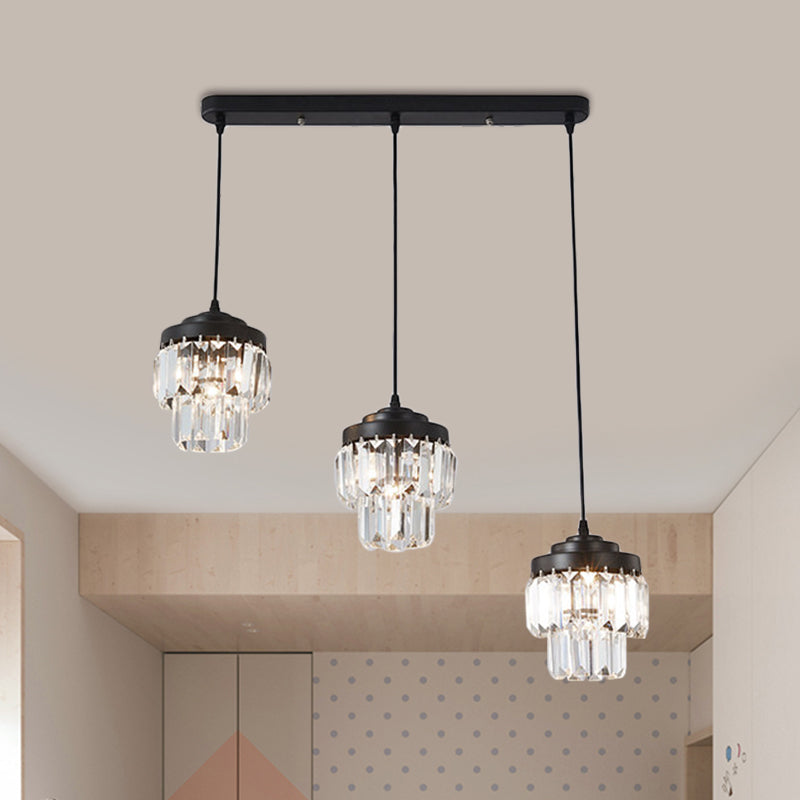 3 Heads 2-Tier Cluster Pendant Modern Black Clear Crystal Prism Hanging Lamp with Round/Linear Canopy Black Linear Clearhalo 'Ceiling Lights' 'Modern Pendants' 'Modern' 'Pendant Lights' 'Pendants' Lighting' 1432575