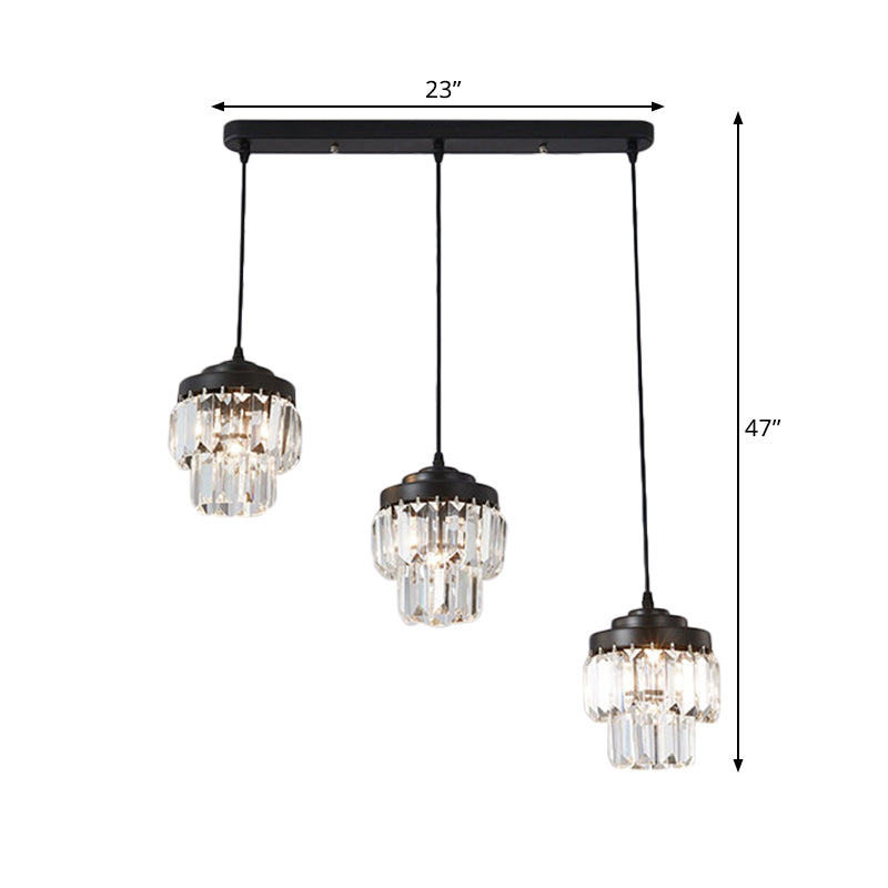 3 Heads 2-Tier Cluster Pendant Modern Black Clear Crystal Prism Hanging Lamp with Round/Linear Canopy Clearhalo 'Ceiling Lights' 'Modern Pendants' 'Modern' 'Pendant Lights' 'Pendants' Lighting' 1432579