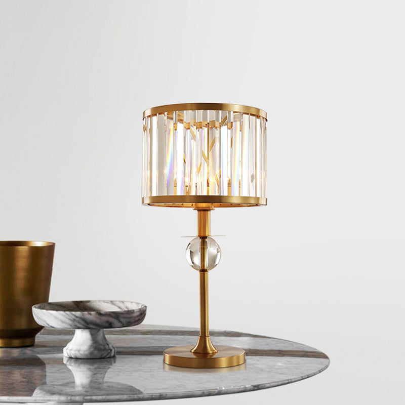 Brass 1 Head Night Table Light Post-Modern Prismatic Crystal Drum Shade Nightstand Lamp Clearhalo 'Lamps' 'Table Lamps' Lighting' 1432610