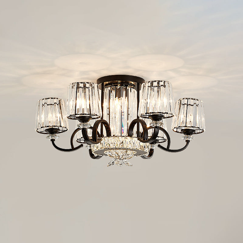 Clear Crystal Barrel Shade Ceiling Flush Mount Contemporary 8 Heads Bedchamber Semi Flush in Black Clearhalo 'Ceiling Lights' 'Close To Ceiling Lights' 'Close to ceiling' 'Semi-flushmount' Lighting' 1432834