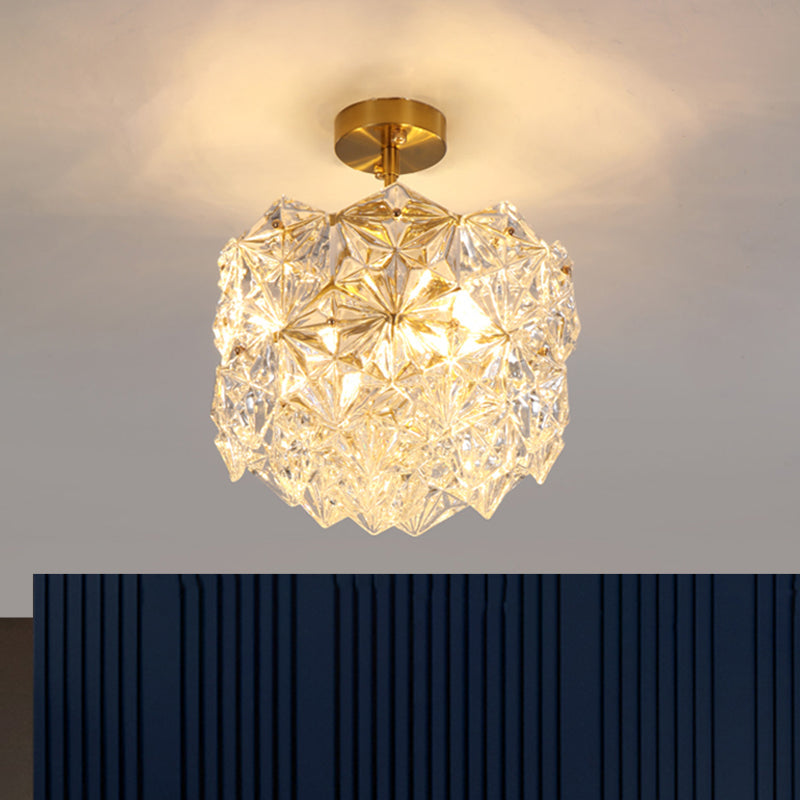 Gold Canopy 3 Bulbs Semi Flush Light Contemporary Hexagon-Shape Crystals Sphere Ceiling Mount Gold Clearhalo 'Ceiling Lights' 'Close To Ceiling Lights' 'Close to ceiling' 'Semi-flushmount' Lighting' 1432836