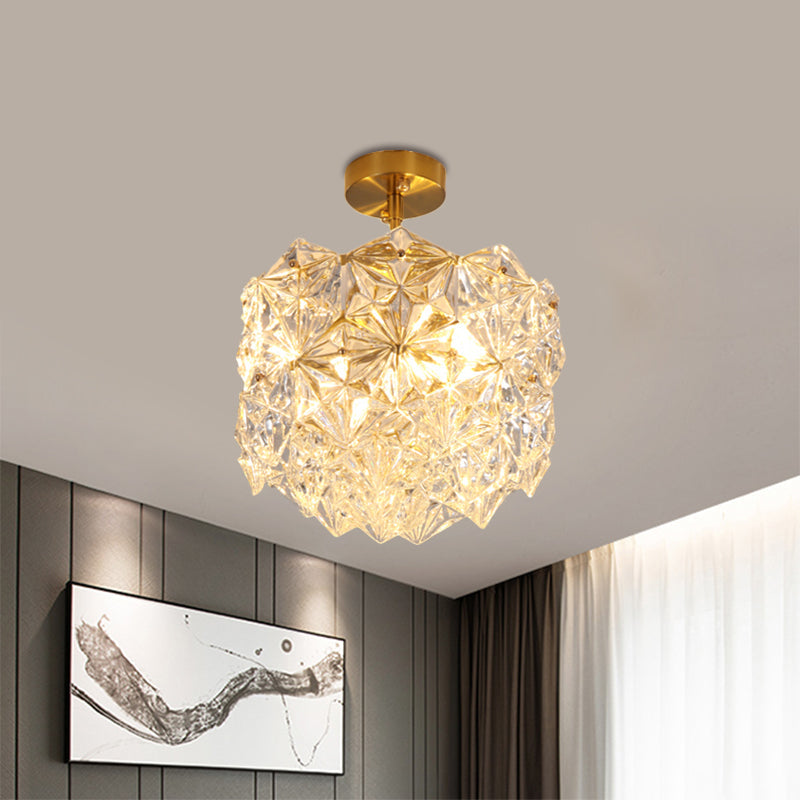 Gold Canopy 3 Bulbs Semi Flush Light Contemporary Hexagon-Shape Crystals Sphere Ceiling Mount Clearhalo 'Ceiling Lights' 'Close To Ceiling Lights' 'Close to ceiling' 'Semi-flushmount' Lighting' 1432837