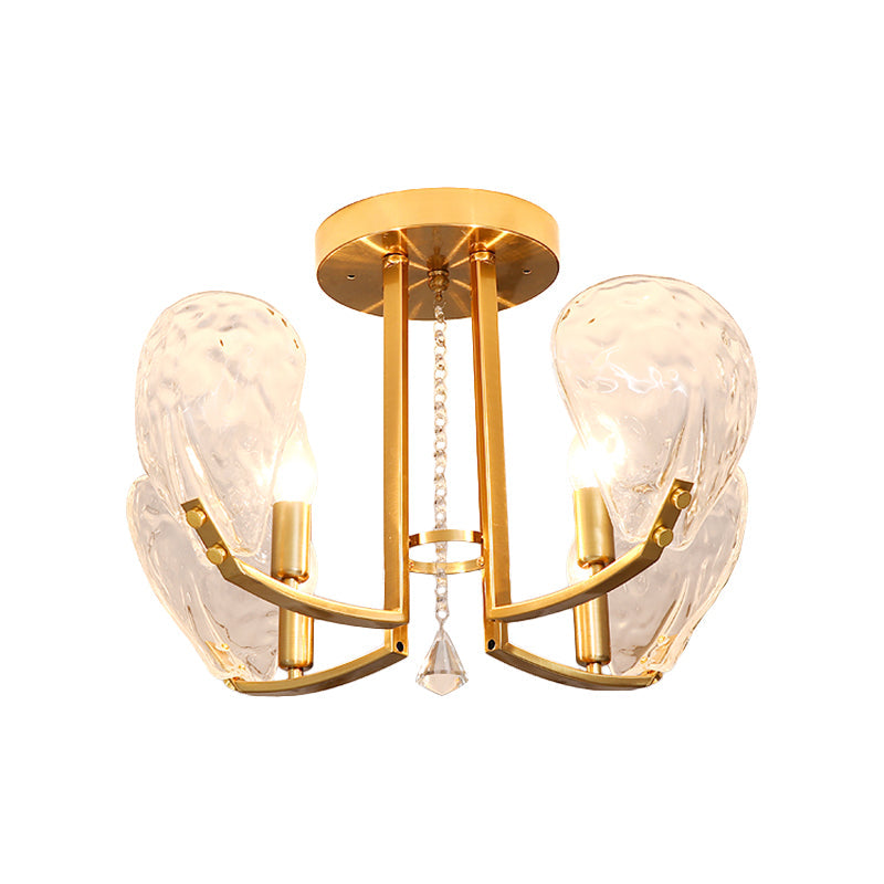 4 Bulbs Metal Semi Mount Lighting Contemporary Gold Candle Sleeping Room Ceiling Flush with Crystal Petal Shade Clearhalo 'Ceiling Lights' 'Close To Ceiling Lights' 'Close to ceiling' 'Semi-flushmount' Lighting' 1432842