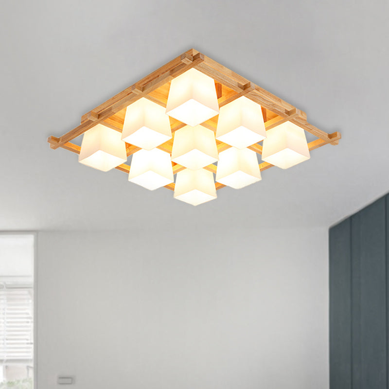 Wooden Checkerboard Shape Flush Mount Light Study Room Japanese Style Ceiling Light in Beige 9 Wood Clearhalo 'Ceiling Lights' 'Close To Ceiling Lights' 'Close to ceiling' 'Semi-flushmount' Lighting' 1434565