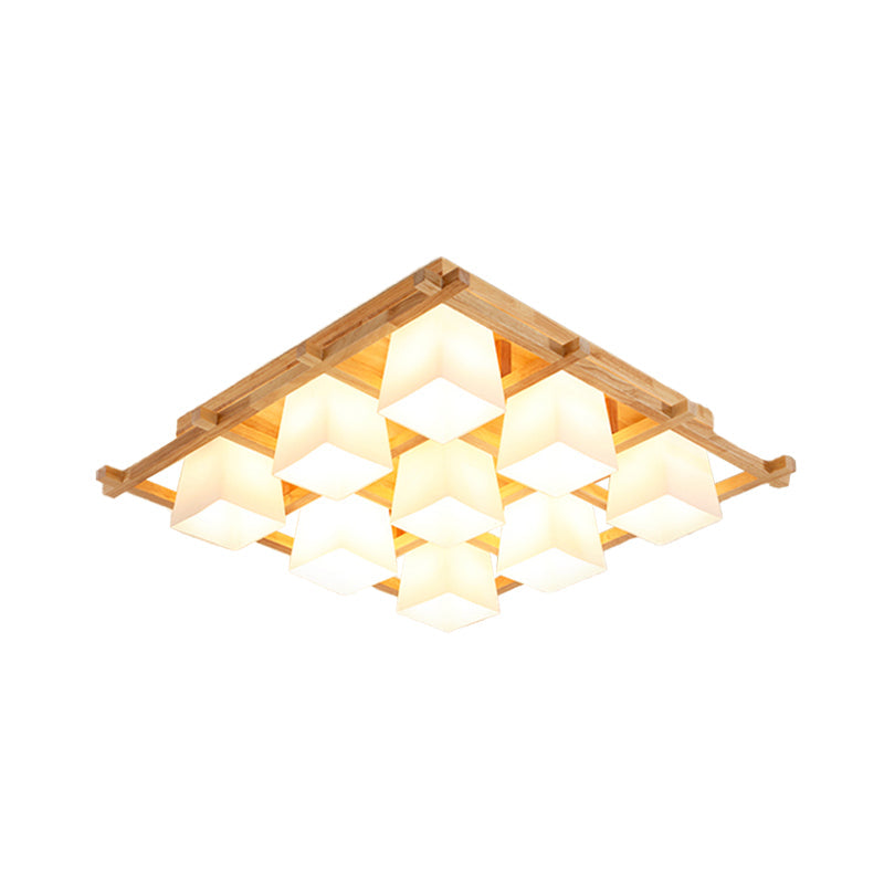 Wooden Checkerboard Shape Flush Mount Light Study Room Japanese Style Ceiling Light in Beige Clearhalo 'Ceiling Lights' 'Close To Ceiling Lights' 'Close to ceiling' 'Semi-flushmount' Lighting' 1434567