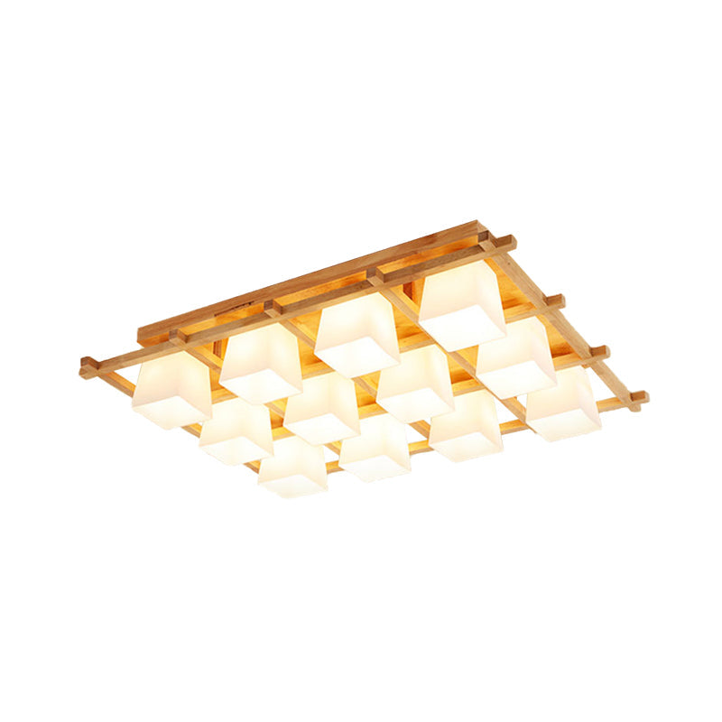 Wooden Checkerboard Shape Flush Mount Light Study Room Japanese Style Ceiling Light in Beige Clearhalo 'Ceiling Lights' 'Close To Ceiling Lights' 'Close to ceiling' 'Semi-flushmount' Lighting' 1434571