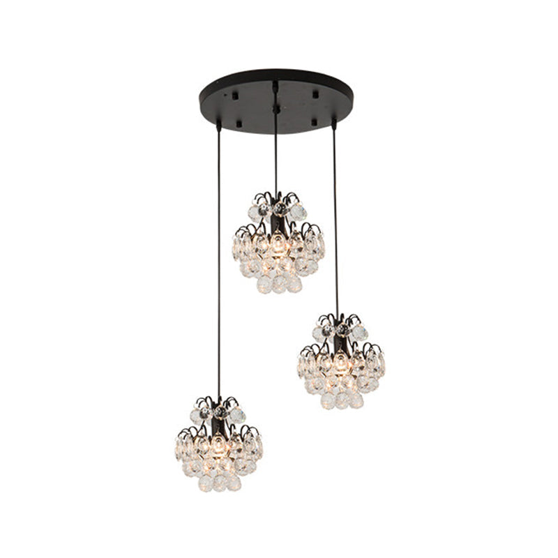 Round/Linear Canopy Dinning Hall Multi Ceiling Lamp Modern Metal 3 Bulbs Black/Gold Hanging Pendant with Clear Crystal Balls Clearhalo 'Ceiling Lights' 'Modern Pendants' 'Modern' 'Pendant Lights' 'Pendants' Lighting' 1435180