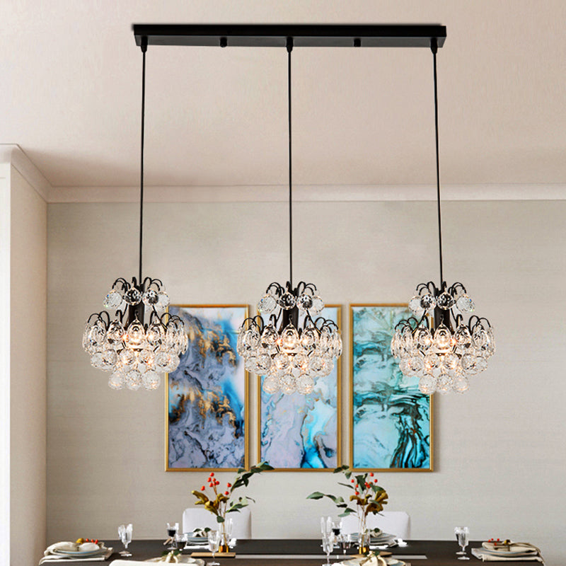 Round/Linear Canopy Dinning Hall Multi Ceiling Lamp Modern Metal 3 Bulbs Black/Gold Hanging Pendant with Clear Crystal Balls Black Linear Clearhalo 'Ceiling Lights' 'Modern Pendants' 'Modern' 'Pendant Lights' 'Pendants' Lighting' 1435186